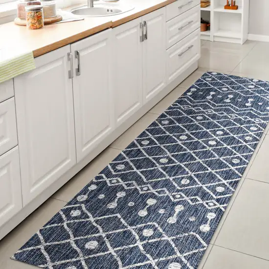 8' Blue And Ivory Trellis Indoor Outdoor Runner Rug Photo 6