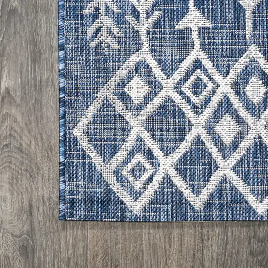 10' Blue And Ivory Trellis Indoor Outdoor Runner Rug Photo 7