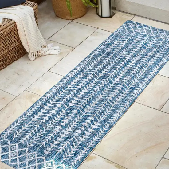 10' Blue And Ivory Trellis Indoor Outdoor Runner Rug Photo 5
