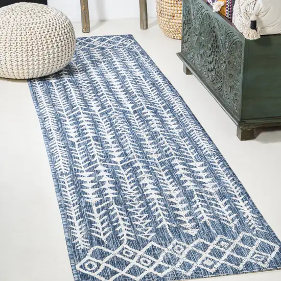 10' Blue And Ivory Trellis Indoor Outdoor Runner Rug Photo 4
