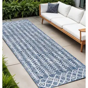 Photo of 8' Blue And Ivory Trellis Indoor Outdoor Runner Rug