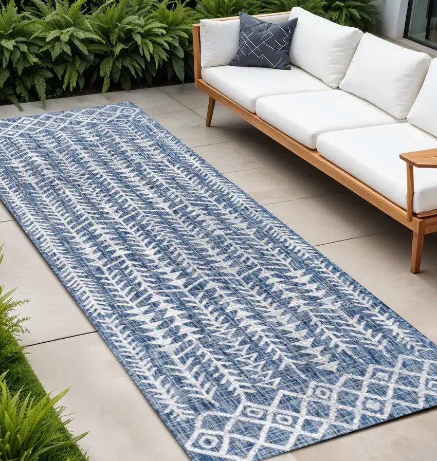 8' Blue And Ivory Trellis Indoor Outdoor Runner Rug Photo 1