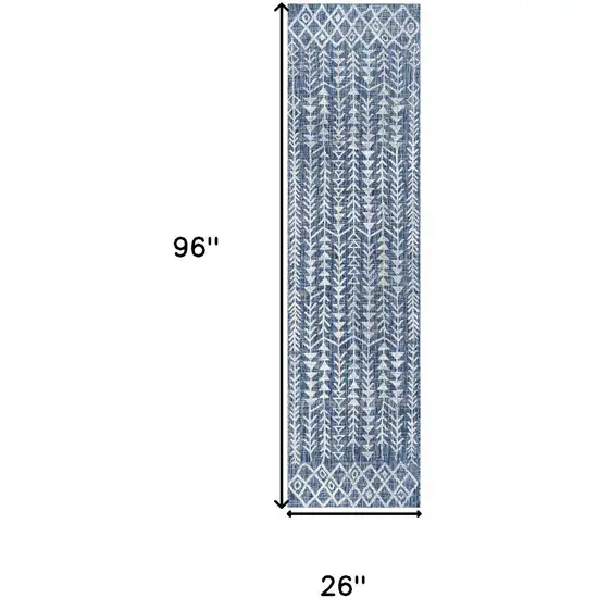 8' Blue And Ivory Trellis Indoor Outdoor Runner Rug Photo 3