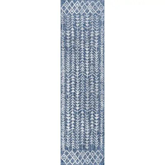 8' Blue And Ivory Trellis Indoor Outdoor Runner Rug Photo 2