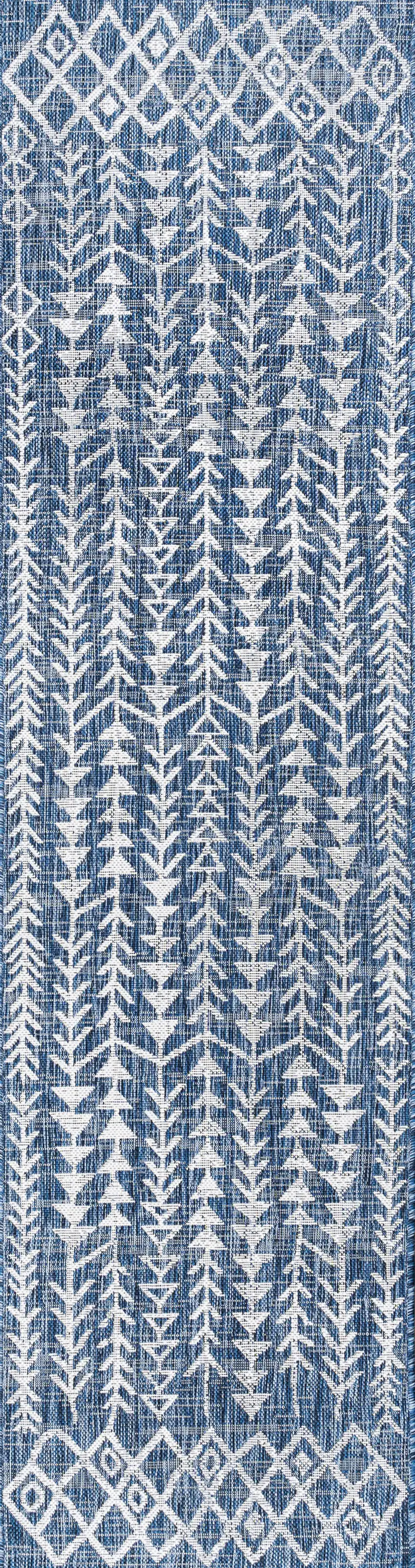 8' Blue And Ivory Trellis Indoor Outdoor Runner Rug Photo 2