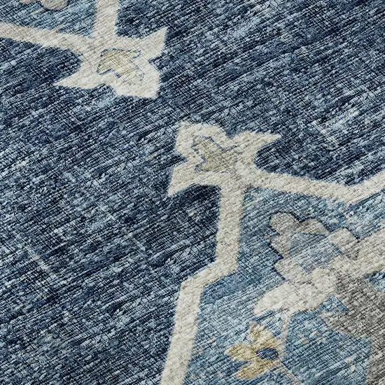 8' Blue And Ivory Tribal Washable Round Rug With UV Protection Photo 9