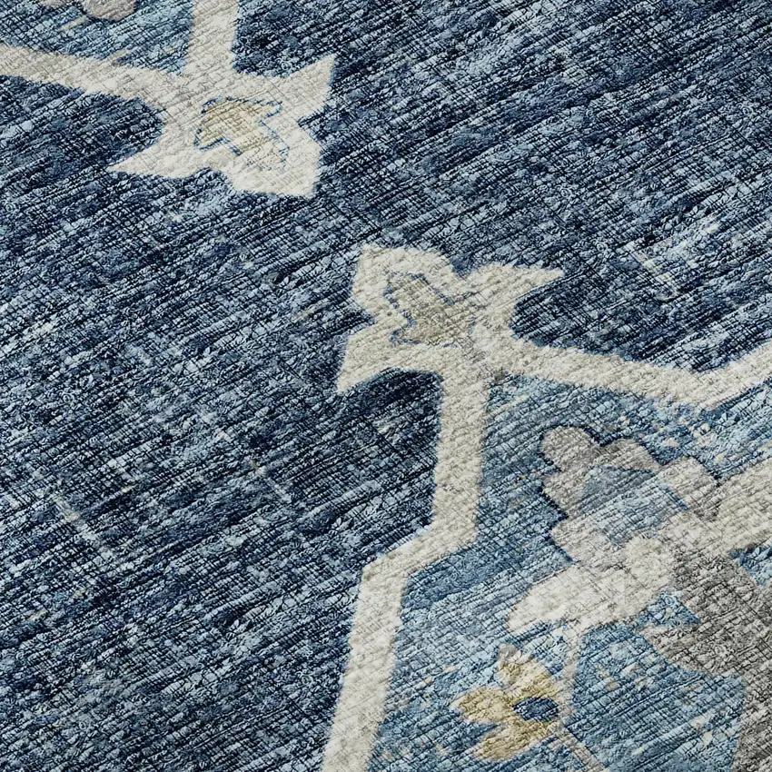 8' Blue And Ivory Tribal Washable Round Rug With UV Protection Photo 9