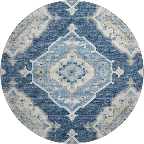 8' Blue And Ivory Tribal Washable Round Rug With UV Protection Photo 2