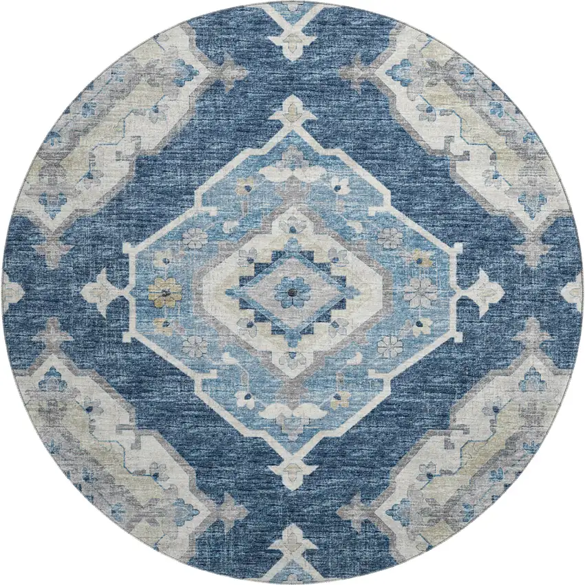 8' Blue And Ivory Tribal Washable Round Rug With UV Protection Photo 2
