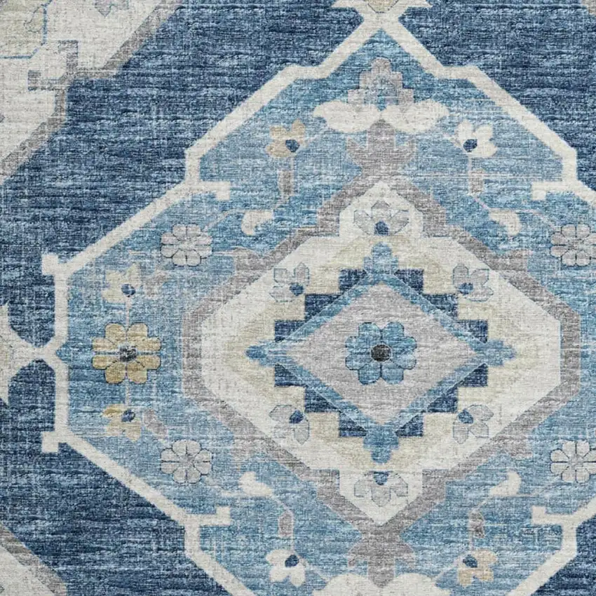 8' Blue And Ivory Tribal Washable Round Rug With UV Protection Photo 4