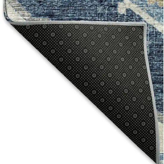 8' Blue And Ivory Tribal Washable Round Rug With UV Protection Photo 7