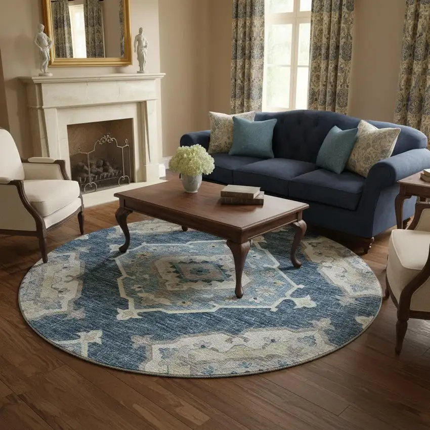 8' Blue And Ivory Tribal Washable Round Rug With UV Protection Photo 1