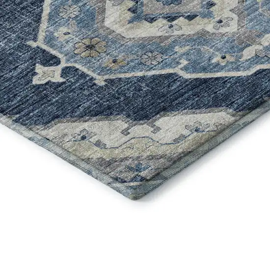 8' Blue And Ivory Tribal Washable Round Rug With UV Protection Photo 8