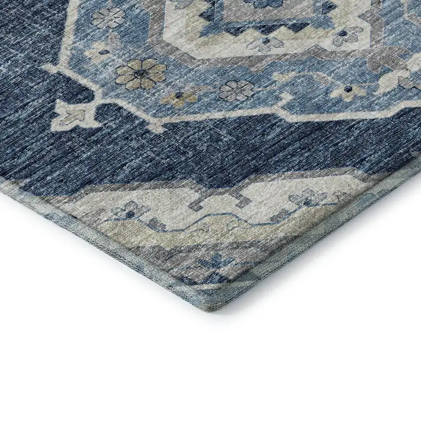 8' Blue And Ivory Tribal Washable Round Rug With UV Protection Photo 8