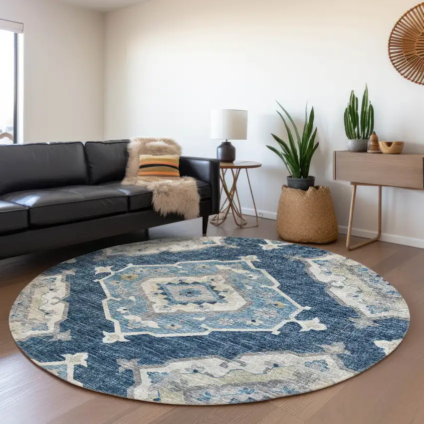 8' Blue And Ivory Tribal Washable Round Rug With UV Protection Photo 6