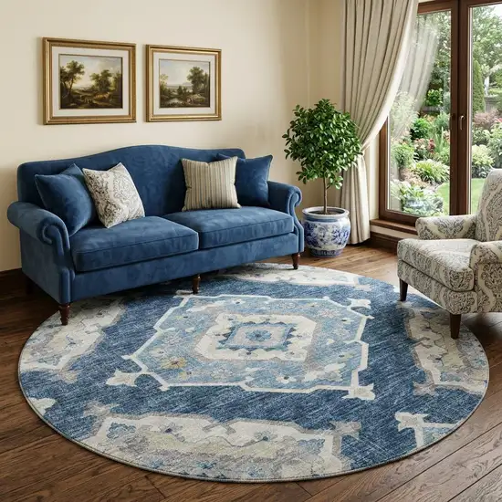 8' Blue And Ivory Tribal Distressed Washable Round Rug With UV Protection Photo 1