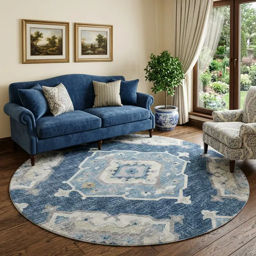 8' Blue And Ivory Tribal Distressed Washable Round Rug With UV Protection Photo 1