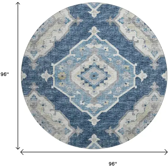 8' Blue And Ivory Tribal Washable Round Rug With UV Protection Photo 3