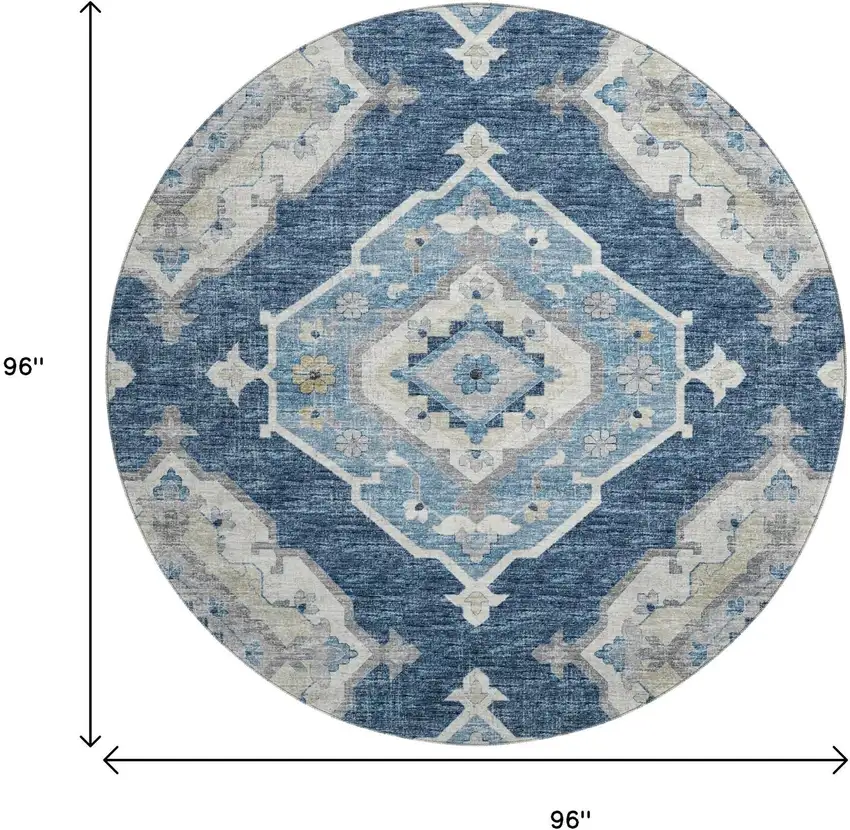 8' Blue And Ivory Tribal Washable Round Rug With UV Protection Photo 3