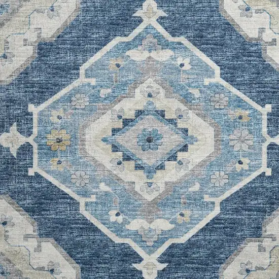 8' Blue And Ivory Tribal Washable Round Rug With UV Protection Photo 5