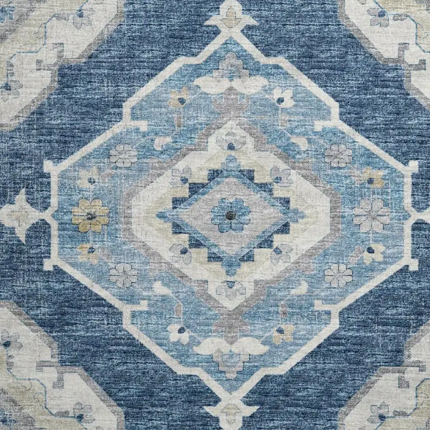 8' Blue And Ivory Tribal Washable Round Rug With UV Protection Photo 5