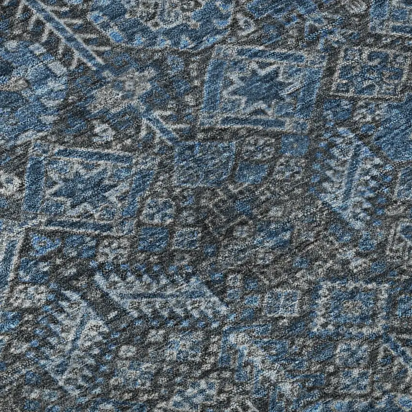 8' Blue And Ivory Tribal Washable Round Rug With UV Protection Photo 9