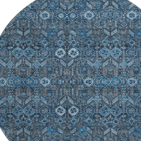 8' Blue And Ivory Tribal Washable Round Rug With UV Protection Photo 3