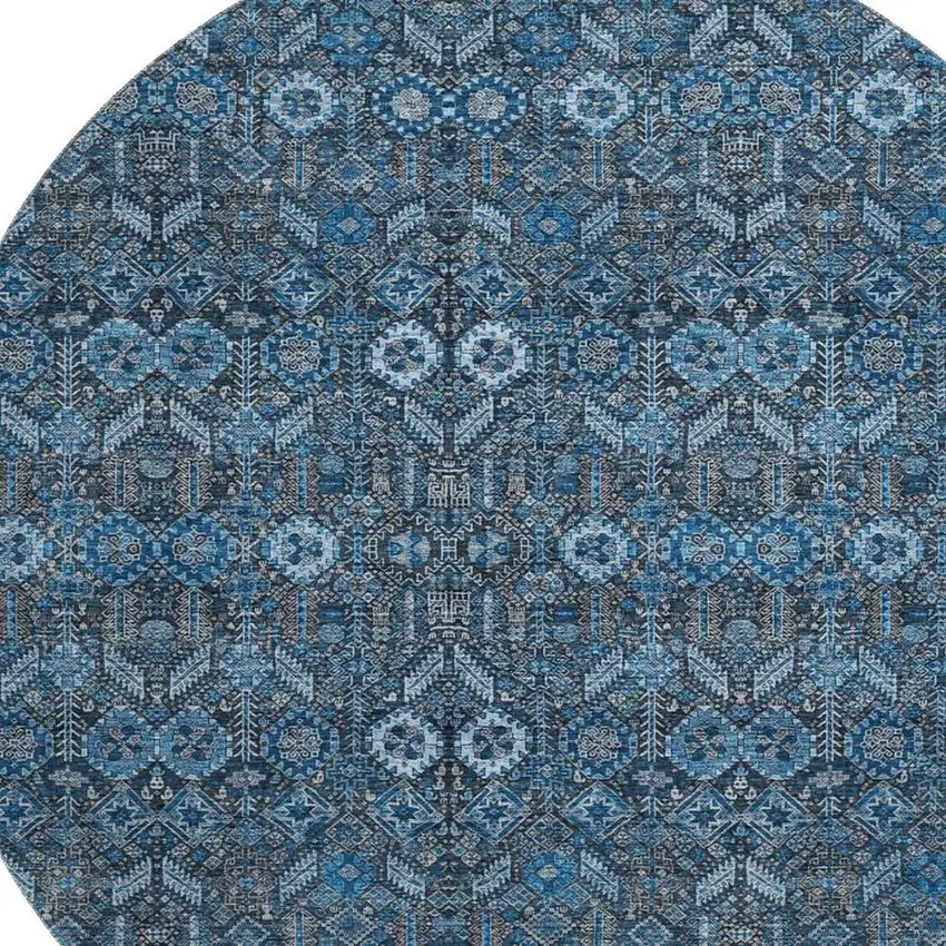 8' Blue And Ivory Tribal Washable Round Rug With UV Protection Photo 3