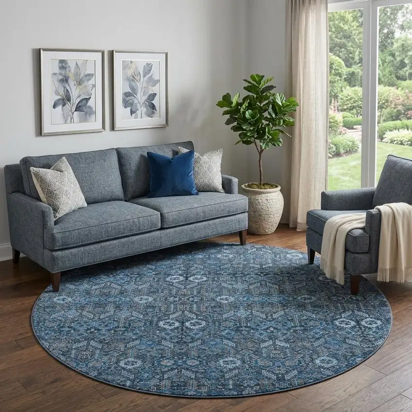8' Blue And Ivory Tribal Washable Round Rug With UV Protection Photo 1