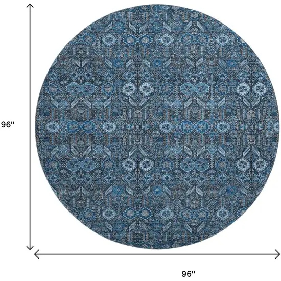 8' Blue And Ivory Tribal Washable Round Rug With UV Protection Photo 9