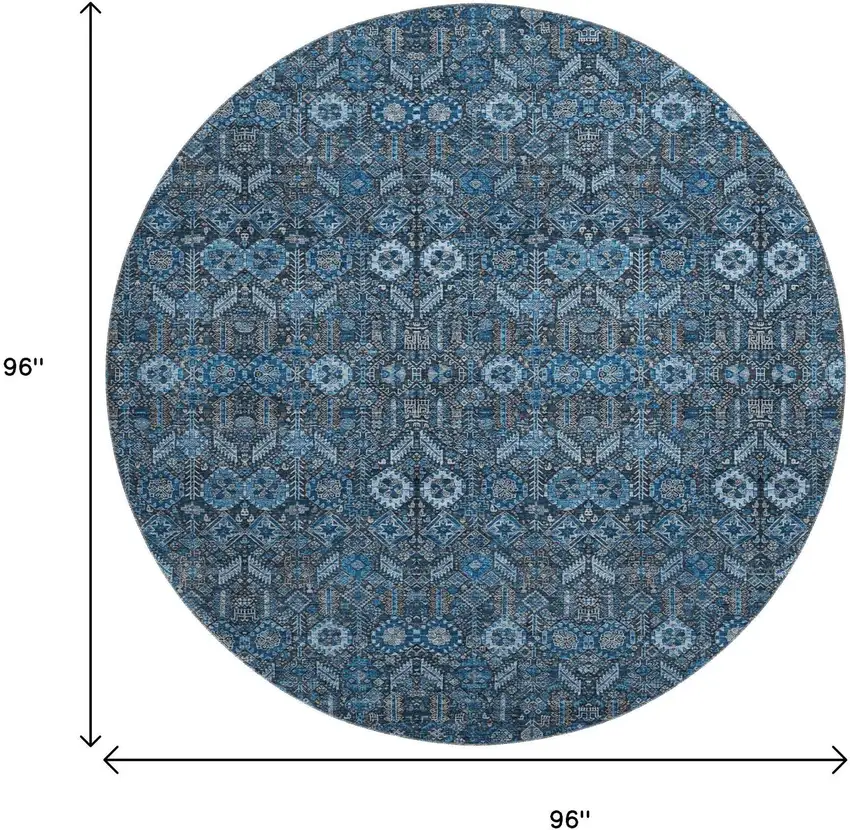 8' Blue And Ivory Tribal Washable Round Rug With UV Protection Photo 9