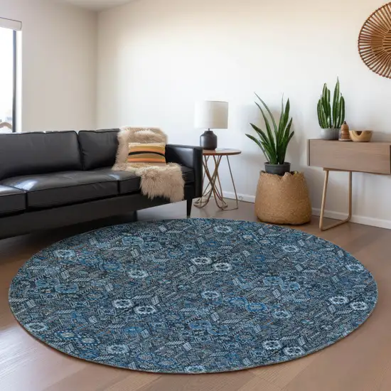 8' Blue And Ivory Tribal Washable Round Rug With UV Protection Photo 5