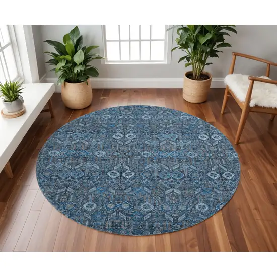 8' Blue And Ivory Tribal Washable Round Rug With UV Protection Photo 2