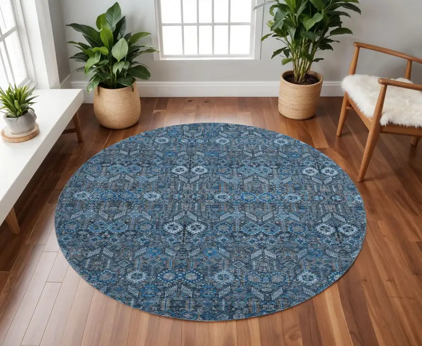 8' Blue And Ivory Tribal Washable Round Rug With UV Protection Photo 2