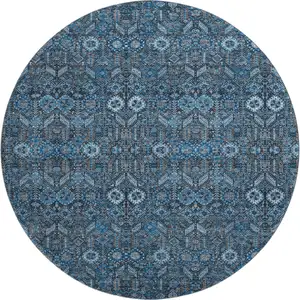 Photo of 8' Blue And Ivory Tribal Washable Round Rug With UV Protection