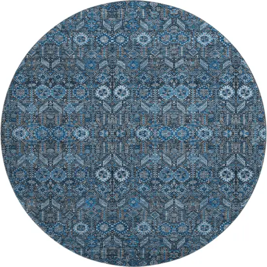 8' Blue And Ivory Tribal Washable Round Rug With UV Protection Photo 1