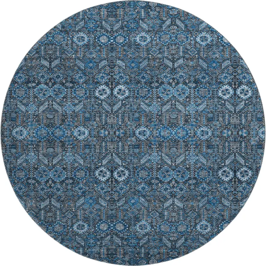 8' Blue And Ivory Tribal Washable Round Rug With UV Protection Photo 1