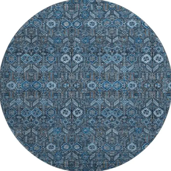8' Blue And Ivory Tribal Washable Round Rug With UV Protection Photo 4