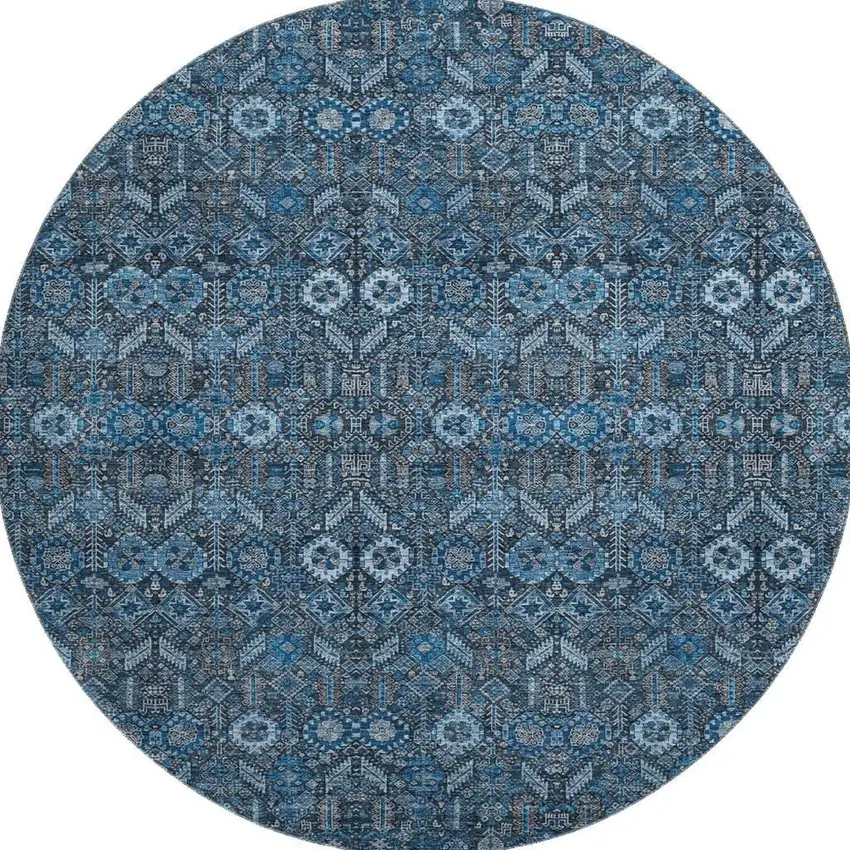 8' Blue And Ivory Tribal Washable Round Rug With UV Protection Photo 4