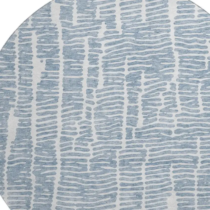 8' Blue And Ivory Vermicular Washable Round Rug With UV Protection Photo 3