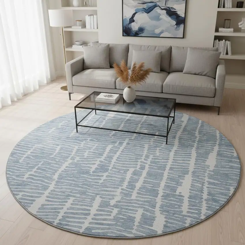 8' Blue And Ivory Vermicular Washable Round Rug With UV Protection Photo 2