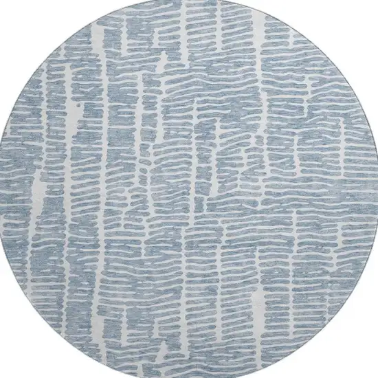 8' Blue And Ivory Vermicular Washable Round Rug With UV Protection Photo 4