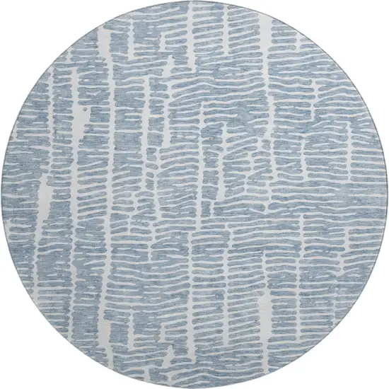 8' Blue And Ivory Vermicular Washable Round Rug With UV Protection Photo 1