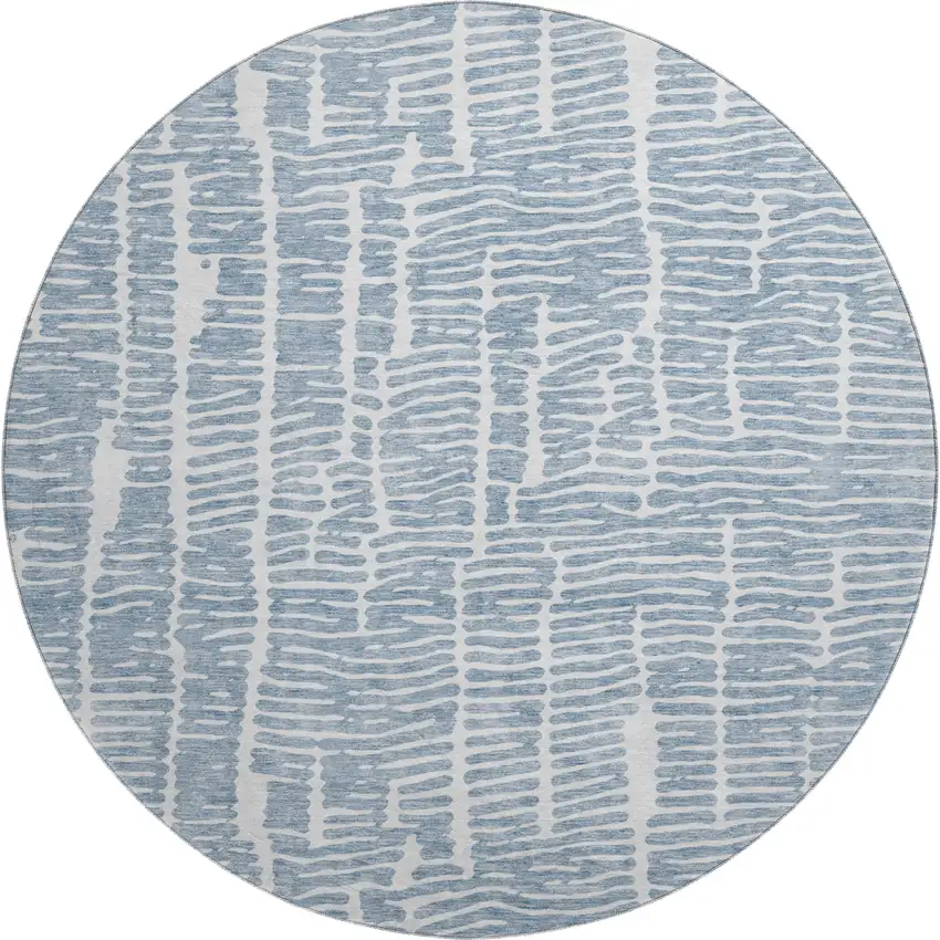 8' Blue And Ivory Vermicular Washable Round Rug With UV Protection Photo 1