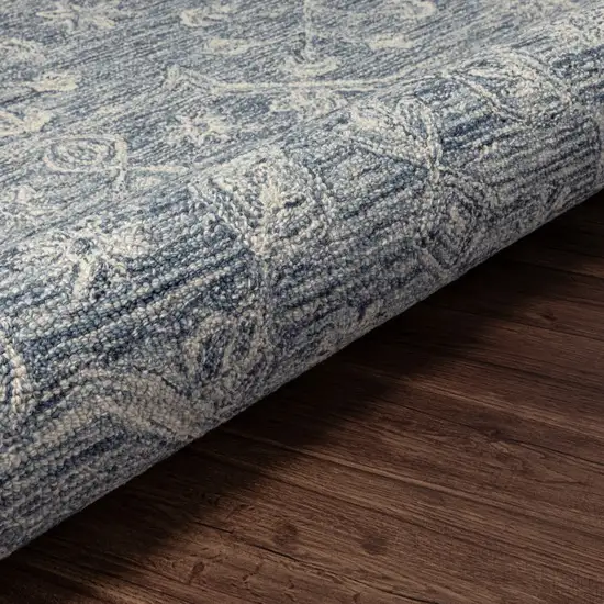 5' Blue And Ivory Wool Floral Hand Tufted Round Rug Photo 8