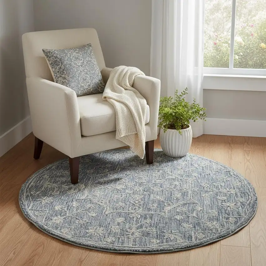 5' Blue And Ivory Wool Floral Hand Tufted Round Rug Photo 1