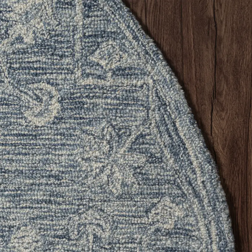 5' Blue And Ivory Wool Floral Hand Tufted Round Rug Photo 9