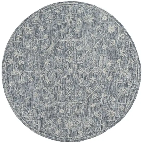 5' Blue And Ivory Wool Floral Hand Tufted Round Rug Photo 5