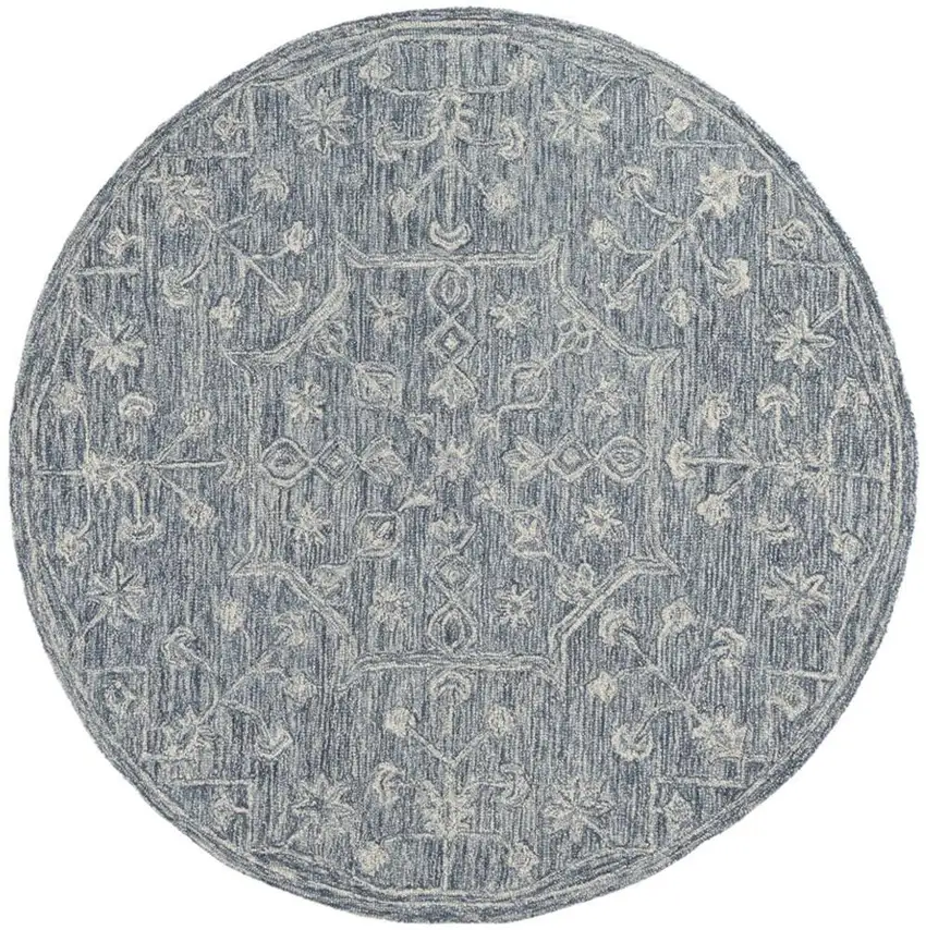 5' Blue And Ivory Wool Floral Hand Tufted Round Rug Photo 5