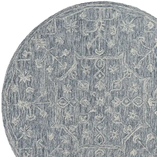 5' Blue And Ivory Wool Floral Hand Tufted Round Rug Photo 4